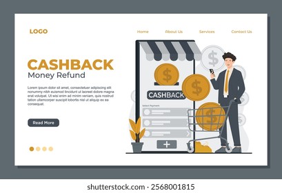 Landing page template designed for cashback promotions, offering savings and exclusive rewards for users