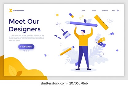 Landing page template with designer or artist holding pen. Concept of introduction of creative professionals or employees of design studio or company. Modern flat vector illustration for webpage.