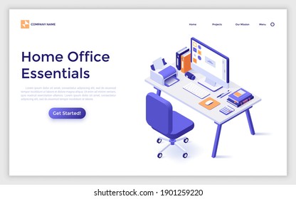 Landing page template with desk, personal computer, stationery, chair. Concept of home office essentials for comfortable workplace, work in comfort. Modern isometric vector illustration for website.