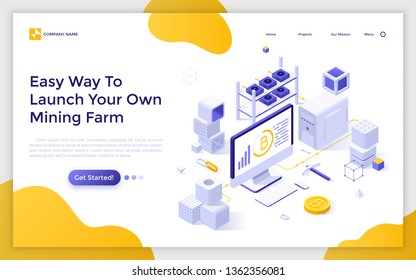 Landing page template with desktop computer, server and other hardware. Mining rig or farm, datacenter. Blockchain technology service. Modern isometric vector illustration for website, webpage.