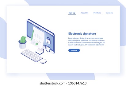 Landing page template with desktop computer, paper document with signature on it, lock and shield. Electronic signature, secure technology. Modern isometric vector illustration for service promotion.
