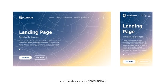 Landing page template desktop PC and mobile adaptive version. Minimal geometric fading effect background. Dynamic volume lines composition. Vector design for business corporate website or app. EPS 10
