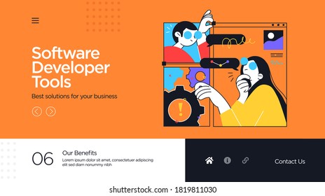 Landing page template of developing computer software, coding and programming . Modern flat design concept of web page design for website. Vector illustration