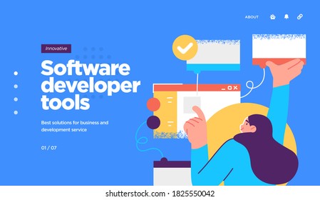 Landing page template of developing computer software, coding and programming . Modern flat design concept of web page design for website. Vector illustration