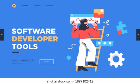 Landing page template of developing computer software, coding and programming . Modern flat design concept of web page design for website. Vector illustration