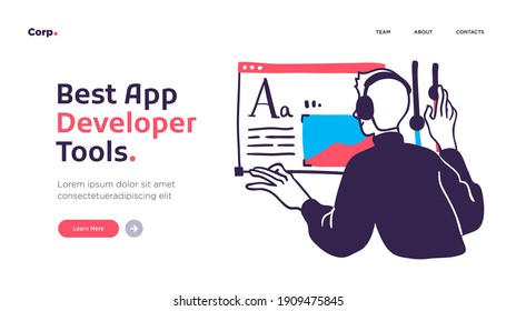 Landing page template of developing computer software, coding and programming . Modern flat design concept of web page design for website. Vector illustration