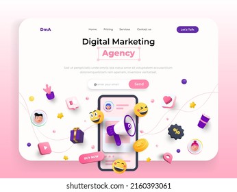 Plantilla de página de aterrizaje de la Agencia de Marketing Digital. Marketing de medios sociales, promoción y concepto de publicidad en Internet. Diseño 3D moderno de diseño de páginas web para sitio web y sitio web móvil.  