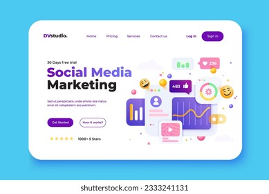 Landing page template of Digital Marketing Agency. Social Media Marketing, Promotion and Internet advertising concept. Modern 3D design concept of web page design for website and mobile website. Easy 