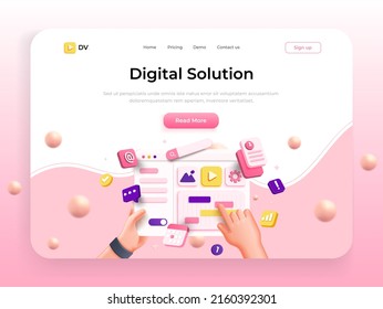 Landing page template of Digital Solution. Realistic web page with dashboard for business and digital marketing concept. Modern 3D design concept of web page design for website and mobile website.