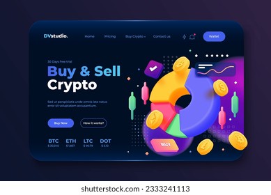 Landing page template of Digital Solution. Crypto trade with coins and cash concept background. Modern 3D design concept of web page design for website and mobile website. Easy to edit and customize. 