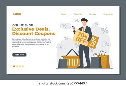 Landing page template for discount coupons, designed to promote exclusive voucher 