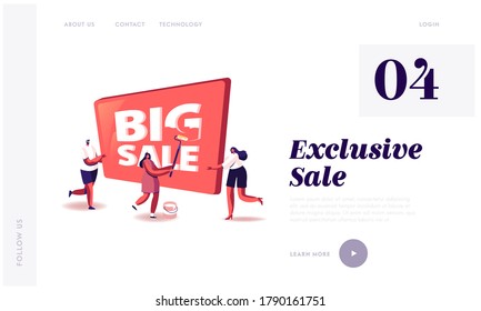 Landing Page Template. Discount Offer Concept. Happy People Painting Huge Banner with Big Sale Typography. Characters Shopping Recreation, Consumerism and Price Off Promo. Cartoon Vector Illustration