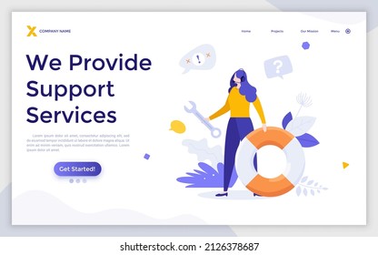 Landing page template with dispatcher or hotline operator wearing headset, holding wrench and lifebuoy. Concept of customer or technical support service, call center. Modern flat vector illustration.