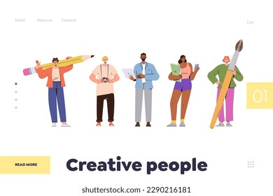 Landing page template with diverse creative people happy character holding working accessories