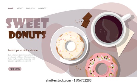 Landing page template. Donuts and cup of coffee.  Top view