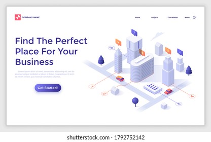 Landing page template with downtown area or district with office buildings. Concept of finding place for business, commercial property rental service. Modern isometric vector illustration for website.