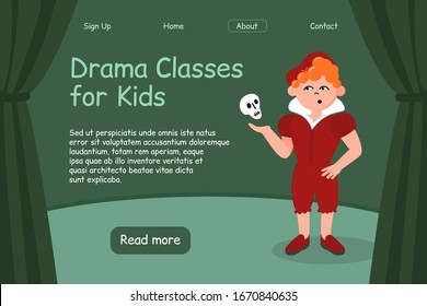 Landing page template of drama classes for kids. A cute boy is playing acting drama. Education concept. Vector illustration. Flat style.