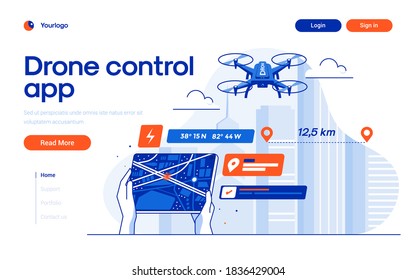 Landing page template of Drone Control app. Digital entertainment flight drone and gps elements. Modern flat design concept of web page design for website and mobile website. Easy to edit