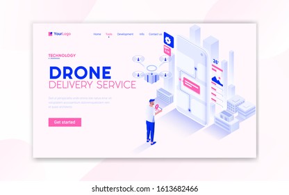 Landing page template of Drone Delivery service. Modern isometric design concept of web page design for website and mobile website. Easy to edit and customize. Vector illustration