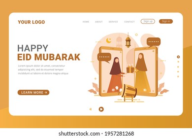 Landing page template eid mubarak celebrate with video call vector illustration