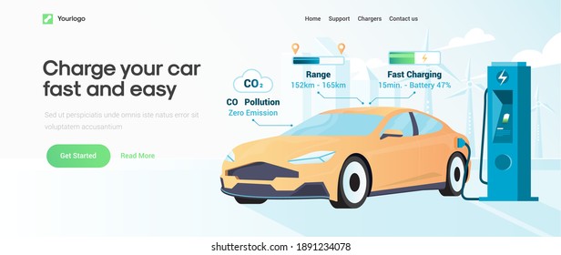 Landing page template of Electric Car Charging. Modern flat design concept of web page design for website and mobile website. Easy to edit and customize. Vector illustration