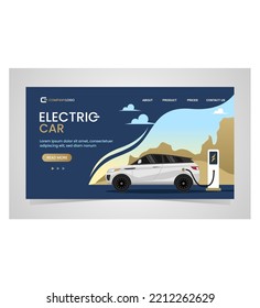 Landing page template for electric cars at EV charger, this design suitable for web-site background. Eco electro vehicles recharging at EVSE, website layout. Colored modern graphic vector illustration