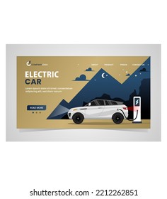 Landing page template for electric cars at EV charger, this design suitable for web-site background. Eco electro vehicles recharging at EVSE, website layout. Colored modern graphic vector illustration