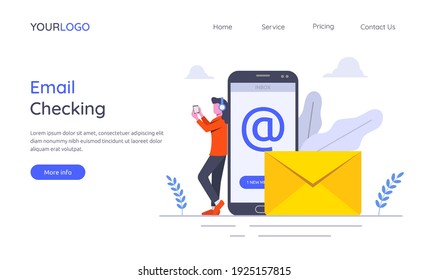 Landing page template of email checking concept with woman character illustration.