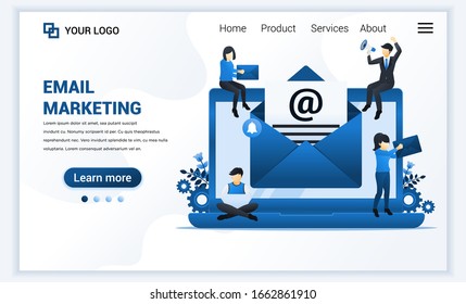 Landing page template of Email marketing, mailing services with people work on laptop. Modern flat web page design concept for website and mobile website. Vector illustration