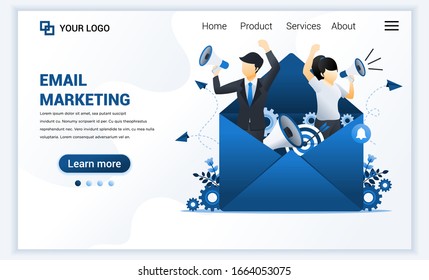 Landing page template of Email marketing services with businessman shout on megaphone for promotion. Modern flat web page design concept for website and mobile website. Vector illustration