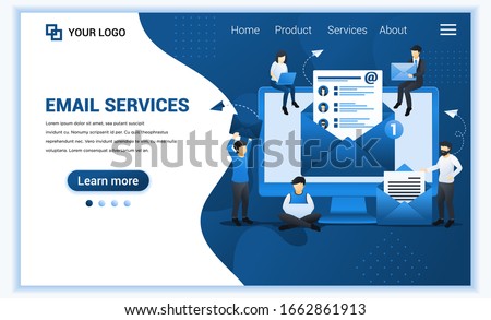 Landing page template of Email marketing, mailing services with people work on device. Modern flat web page design concept for website and mobile website. Vector illustration