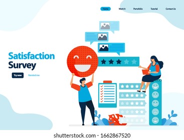landing page template of emoticon satisfaction surveys. give rating and stars for apps services. good feedback with emoticons. illustration for banner, ui ux, website, web, mobile apps, flyer, card