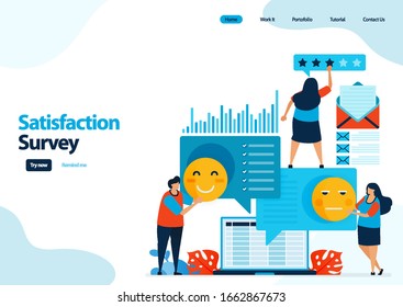Landing Page Template von Emoticon Zufriedenheit Umfragen. geben Sie Bewertungen und Sterne für Apps-Dienste. gutes Feedback mit Emoticons. Illustration für Banner, iUx, Website, Web, mobile Apps, Flyer, Karte