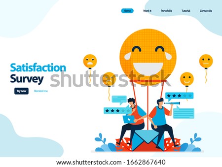 landing page template of emoticon satisfaction surveys. give rating and stars for apps services. good feedback with emoticons. illustration for banner, ui ux, website, web, mobile apps, flyer, card