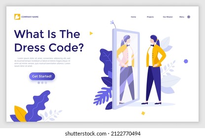 Landing page template with employee looking at reflection in mirror and evaluating his attire. Concept of office dress code, formal clothing, business clothes. Flat vector illustration for webpage.