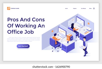 Landing page template with employees sitting in cubicles or enclosed workplaces in open space. Concept of pros and cons of working office job. Modern isometric vector illustration for company website.