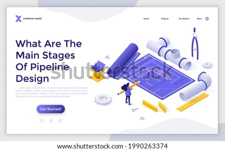 Landing page template with engineer holding pencil looking at blueprint or scheme of piping or sewerage system. Concept of pipeline design and creation. Isometric vector illustration for website.