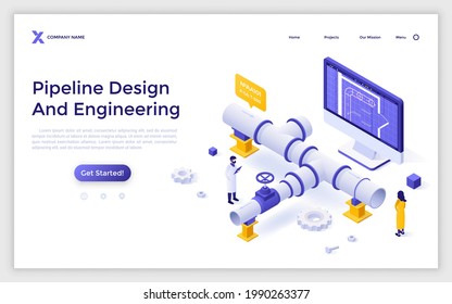 Landing page template with engineer looking at drainage system and blueprint or scheme on computer screen. Concept of pipeline design and engineering. Modern isometric vector illustration for webpage.