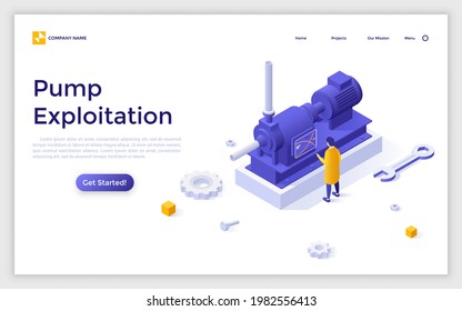 Landing page template with engineer monitoring work of industrial machine. Concept of pump exploitation, plant facility, manufacturing structure. Modern isometric vector illustration for website.