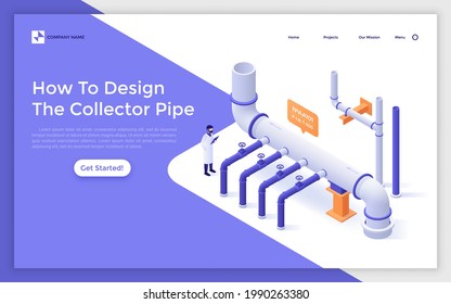 Landing page template with engineer monitoring work of sewerage system. Concept of collector pipe design, industrial pipeline, drainage engineering. Modern isometric vector illustration for webpage.