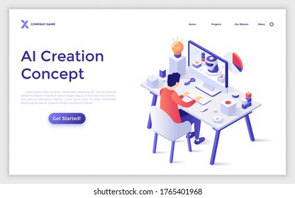 Landing page template with engineer sitting at desk and working on computer with robot head inside it. Concept of creation of artificial intelligence or AI. Modern isometric vector illustration.