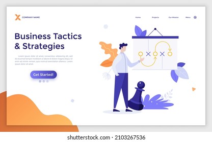 Landing page template with entrepreneur making presentation, whiteboard with scheme and chess piece. Concept of business tactics or strategy, strategic development plan. Flat vector illustration.
