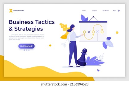 Landing page template with entrepreneur making presentation, whiteboard with scheme and chess piece. Concept of business tactics or strategy, strategic development plan. Flat vector illustration.