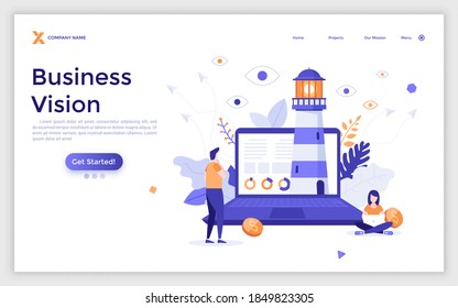 Landing page template with entrepreneur standing in front of laptop computer with lighthouse on screen. Concept of business vision or view, strategic thinking. Flat vector illustration for website.