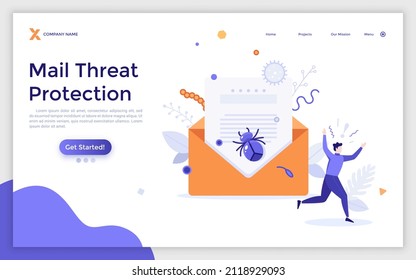 Landing Page Template With Envelope With Insect Inside And Man Running In Panic. Concept Of E-mail Virus Threat, Infected Electronic Message, Dangerous Software Bug. Modern Flat Vector Illustration.