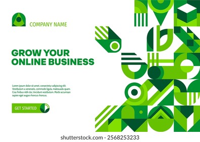 Landing page template environment ecology theme with green abstract geometric pattern. Eco business website landing page with vector geometric pattern border of green square, triangle, circle shapes