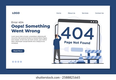 landing page template Error 404 page not found concept with missing webpage message and broken link notification
