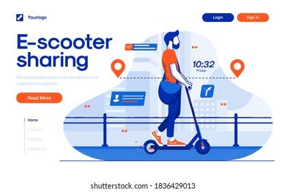 Landing page template of E-scooter Sharing. Cartoon person riding scooter across the streat. Modern flat design concept of web page design for website and mobile website. Easy to edit and customize