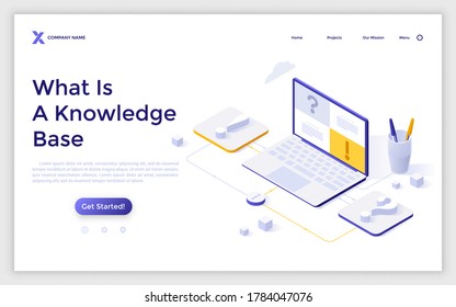 Landing page template with exclamation mark and interrogation point connected to laptop computer. Concept of knowledge database, internet search or browsing data online. Isometric vector illustration.