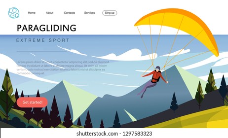 Landing page template of extreme sport paragliding. The Flat design concept of web page design for a paragliding website.